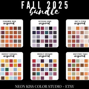 Könnte beinhalten: Eine Sammlung von sechs Farbpaletten-Bundles für den Herbst 2025, jedes mit einem einzigartigen Thema. Die Paletten umfassen "Cinnamon Dusk", "Witching Hour", "Knit & Cider", "Harvest Carnival", "Moonlit Orchard" und "Gratitude Table". Der Text "Neon Kiss Color Studio - Etsy" steht unten.