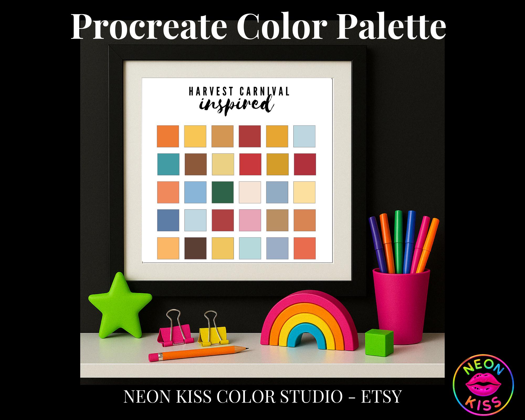 Palette de couleurs Harvest Carnival pour Procreate & Canva – 30 teintes d’automne avec codes hex + guide gratuit