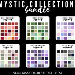 Könnte beinhalten: Auf schwarzem Hintergrund werden sechs Farbpaletten mit der Bezeichnung "Mystic Collection Bundle" angezeigt. Jede Palette ist ein Raster von Farbfeldern mit Namen wie "Blood Moon Magic" und "Lavender Smoke". Der Text "Neon Kiss Color Studio - Etsy" steht unten.