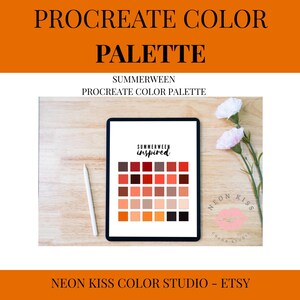 May include: A digital color palette for Procreate, inspired by summer. The palette features a variety of warm, earthy tones, including reds, oranges, yellows, and browns. The palette is titled "Summerween Inspired" and is displayed on a tablet screen.