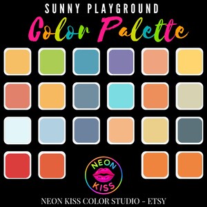 Pode incluir: Uma paleta de cores com o texto "Sunny Playground Color Palette" em cores do arco-íris. A paleta apresenta 28 amostras de cores quadradas em vários tons de rosa, laranja, verde, azul e mais. O logotipo Neon Kiss Color Studio está na parte inferior.