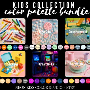 May include: A collection of six color palette bundles with the text "KIDS COLLECTION color palette bundle". The images include a crayon box, sugar cloud, sunny playground, snacktime, 80's arcade kid, and unicorn cereal.