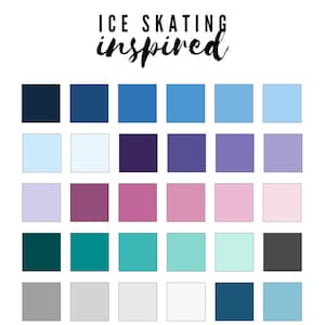 May include: A color palette inspired by ice skating, featuring shades of blue, purple, pink, teal, and gray.