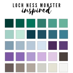 Puede incluir: Una paleta de colores inspirada en el monstruo del Lago Ness, con tonos de verde, azul, morado y gris. La paleta está dispuesta en una cuadrícula de 20 cuadrados.