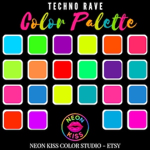 May include: A color palette graphic with the text "TECHNO RAVE Color Palette" in a rainbow gradient. The image features a grid of neon-colored squares, including pink, blue, green, orange, and purple. A logo with a neon kiss is at the bottom.