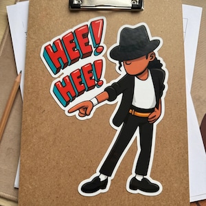 May include: A sticker featuring a cartoon illustration of a person in a black suit, hat, and shoes, pointing with one hand. The text "HEE! HEE!" is in red letters with a blue outline.