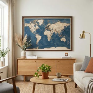 May include: A framed wooden world map with a dark brown frame. The map features a blue ocean background and beige continents. The map is mounted above a wooden cabinet with a round coffee table and a sofa. A lamp and plants are also in the room.
