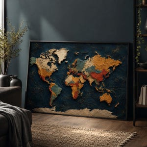 May include: A rectangular wall art piece featuring a textured, three-dimensional world map. The continents are rendered in shades of ochre, red, teal, and cream against a deep navy blue ocean background, all enclosed within a thin black frame.