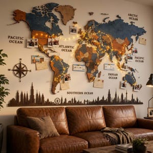 May include: A wooden world map wall decor with blue, brown, and orange continents. The map is adorned with small photos and string lights. A cityscape silhouette and a compass rose are also on the wall. A brown leather sofa is in the foreground.