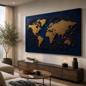 May include: A large rectangular wall art piece featuring a textured gold world map against a deep navy blue background. The continents are rendered in a raised, granular gold relief, surrounded by scattered gold spheres and dark blue accents.