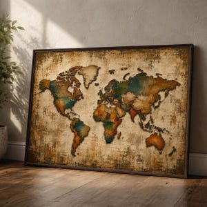 May include: A rectangular wall art piece featuring a world map with a distressed, vintage aesthetic. The continents are rendered in shades of brown, teal, and orange against a textured, weathered beige background, all enclosed in a dark frame.