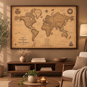 Puede incluir: Un gran mapa mural rectangular titulado The General Map of the World con estética vintage. El mapa presenta continentes y océanos en tonos sepia, además de rosas de los vientos. Incluye una leyenda, una escala y un pequeño barco.