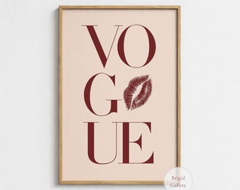 Vogue Typography Poster, Beige Fashion Wall Art, Fashion Lover Gift, Lips Decor, P-146