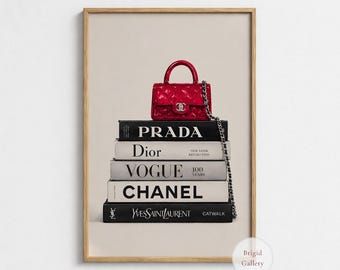 Vogue Handbag Poster, Fashion Book Stack Wall Art, Paris Fashion Decor, P-125