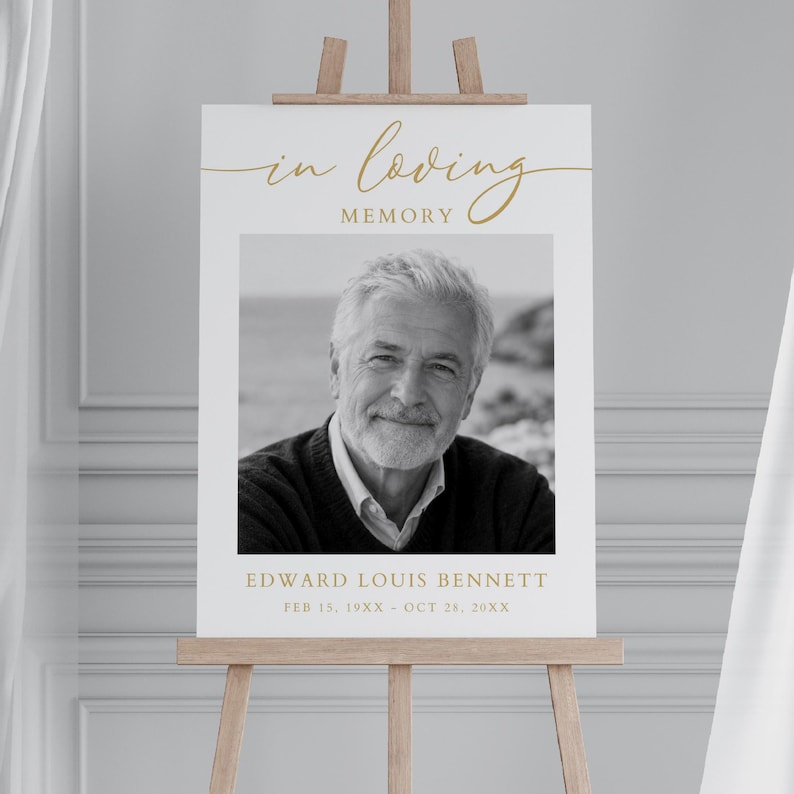 In Loving Memory Sign With Photo, Custom Printed Memorial Poster, Gold ...