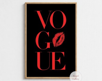 Vogue Typography Poster, Black Red Fashion Wall Art, Fashion Lover Gift, Lips Decor, P-146