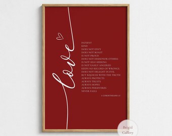 1 Corinthians 13 Print, Love Verse Wall Art, Red Christian Home Decor, P-148