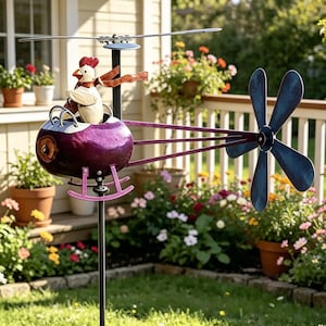Chicken Pilot Helicopter Wind Spinner, Whimsical Metal Garden Windmill, Outdoor Yard Art, Funny Chicken Decor, Unique Wind Spinner Gift
