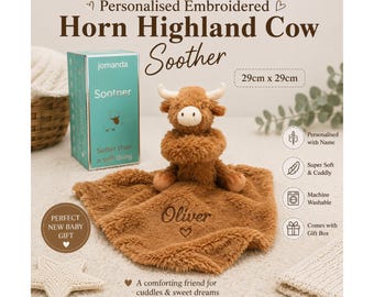 Personalised highland cow baby soother 29cm – embroidered name comforter with gift box, newborn baby gift