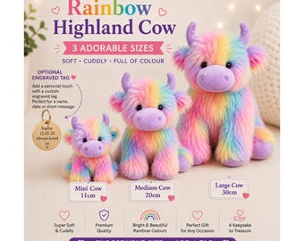 Rainbow Highland Cow Plush Toy, Choose Size 11-30cm, Optional Engraved Tag