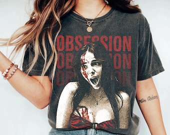 Comfort Colors Obsession Movie T-Shirt, Horror Girl Graphic Tee, Red White Thriller Film Fan Gift