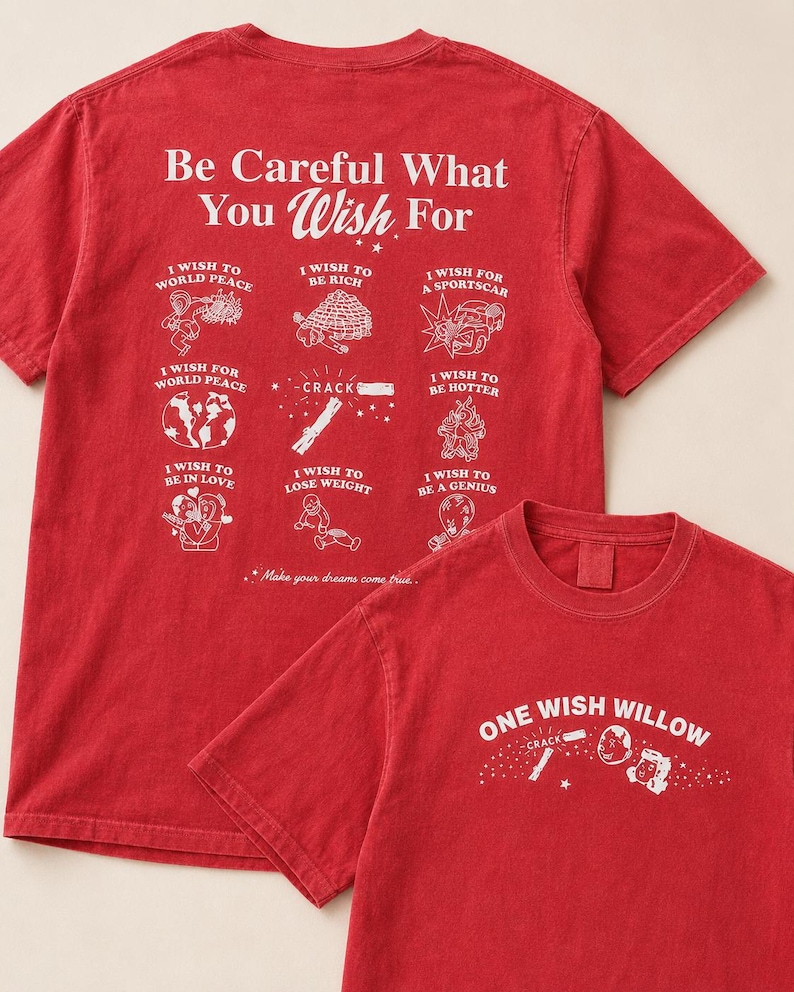 May include: Two red t-shirts with white text and illustrations. The larger shirt says "Be Careful What You Wish For" with various wish-related graphics. The smaller shirt says "ONE WISH WILLOW" with a graphic. Both shirts are short-sleeved.