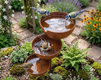 Estaca para bebedero de pájaros con captador de lluvia, bebedero rústico de metal para abejas, comedero para mariposas, cuenco de agua para jardín exterior, decoración de patio estilo granja