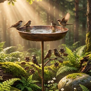 Rustieke metalen vogelbadvoederbak, antiek bronzen tuindecor, vrijstaande bloemenaccenten