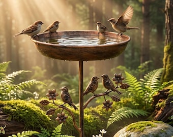 Rustic Metal Bird Bath Feeder, Antique Bronze Garden Decor, Freestanding Floral Accents