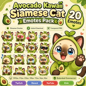 Könnte beinhalten: Ein digitales Grafikset mit dem Titel Avocado Kawaii Siamese Cat Emotes Pack, das 20 einzelne Illustrationen einer Siamkatze in einem grünen Avocado-Kapuzenoutfit mit verschiedenen Gesichtsausdrücken und Posen für Online-Streaming zeigt.