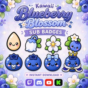 Peut inclure: Un ensemble de badges numériques intitulés Kawaii Blueberry Blossom comprenant huit icônes illustrées dont une goutte crème, une fleur blanche et diverses myrtilles bleues avec des visages, certaines portant des accessoires comme une tétine, un nœud ou une couronne.