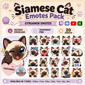 Könnte beinhalten: Ein digitales Siamese Cat Emotes Pack mit 20 statischen PNG-Bildern einer Cartoon-Katze mit verschiedenen Ausdrücken. Die Grafik enthält den Text Siamese Cat Emotes Pack, Streamer Emotes, Instant Download und Featured sowie Symbole für Twitch, Discord, YouTube und Kick.