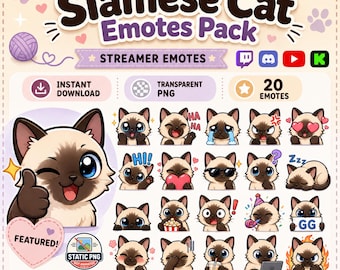 Siamese Cat Kawaii Emotes PNG Pack, Streamer Chat Graphics (Instant Download)