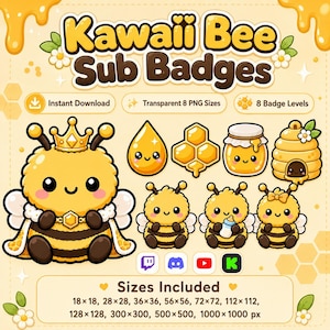 Op de afbeelding: Een digitale set Kawaii Bee Sub Badges met een koninginbij, honingdruppel, honingraat, honingpot en bijenkorf. Bevat tekst: Kawaii Bee Sub Badges, Instant Download, Transparent 8 PNG Sizes, 8 Badge Levels en formaten van 18x18 tot 1000x1000 px.