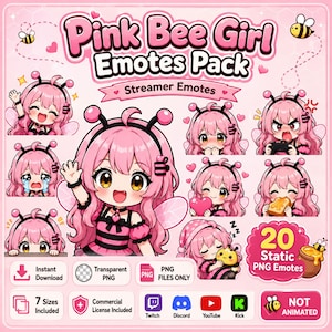 Könnte beinhalten: Eine digitale Sammlung von 20 statischen PNG-Emotes mit dem Titel Pink Bee Girl Emotes Pack. Die Grafiken zeigen eine Figur mit rosa Haaren, Bienenantennen und schwarz-gelb gestreifter Kleidung in verschiedenen Ausdrücken, darunter Winken, Weinen und Essen.