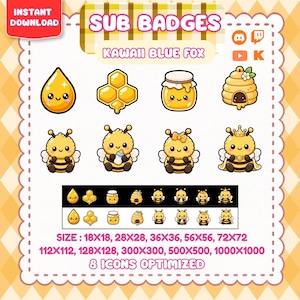 Pode incluir: Um conjunto digital de oito emblemas de subscrição com tema de abelhas, incluindo gota de mel, favo, pote de mel, colmeia e quatro abelhas. O texto inclui SUB BADGES, KAWAII BLUE FOX e tamanhos de 18x18 a 1000x1000 pixels.