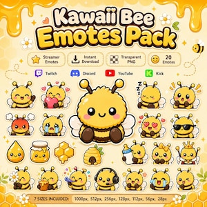 Puede incluir: Un paquete digital de 20 emoticonos de abejas amarillas y negras con diversas expresiones y accesorios. El texto dice Kawaii Bee Emotes Pack, Streamer Emotes, Instant Download, Transparent PNG, 20 Emotes, Twitch, Discord, YouTube, Kick, y 7 SIZES INCLUDED: 1000px, 512px, 256px, 128px, 112px, 56px, 28px.