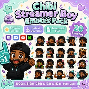 Könnte beinhalten: Ein digitales Emote-Paket mit dem Titel Chibi Streamer Boy Emotes Pack, das 20 Cartoon-Illustrationen einer Person mit dunkler Haut, lockigem Haar und schwarzer Kappe enthält. Das Set umfasst verschiedene Ausdrücke, Symbole und Plattform-Logos.