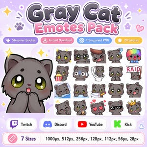 Op de afbeelding: Een digitaal Gray Cat Emotes Pack met 20 individuele grijze katillustraties met grote groene ogen. De set bevat diverse uitdrukkingen en acties, zoals het dragen van een clownspruik, het vasthouden van een raid-vlag en het drinken van boba-thee. Tekst: Gray Cat Emotes Pack, Streamer Emotes, Instant Download, Transparent PNG, 20 Emotes, Twitch, Discord, YouTube, Kick, en 7 Sizes 1000px, 512px, 256px, 128px, 112px, 56px, 28px.