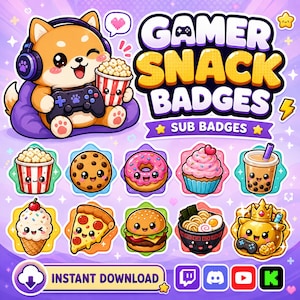 May include: A digital graphic set titled GAMER SNACK BADGES featuring a cartoon Shiba Inu wearing headphones and holding a game controller. Below are ten individual snack-themed icons including popcorn, cookies, donuts, cupcakes, boba, ice cream, pizza, burgers, ramen, and a crowned character.