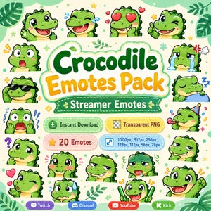Op de afbeelding: Een digitale collectie van 20 groene krokodil-emotes met diverse uitdrukkingen en acties. De tekst luidt Crocodile Emotes Pack, Streamer Emotes, Instant Download, Transparent PNG, 20 Emotes, 1000px, 512px, 256px, 128px, 112px, 56px, 28px, Twitch, Discord, YouTube en Kick.