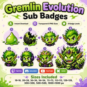 May include: A digital graphic set titled Gremlin Evolution Sub Badges featuring eight green creature icons in various stages of growth, from a slime drop to a crowned monster. Includes Twitch, Discord, YouTube, and Kick logos with sizes 18x18 to 1000x1000 px.