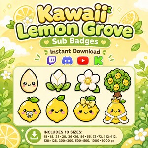May include: A digital set of eight Kawaii Lemon Grove sub badges featuring a lemon seed, flower bud, blossom, tree, and four lemons with accessories like a pacifier, bow, and crown. Text includes Kawaii Lemon Grove, Sub Badges, and Instant Download.