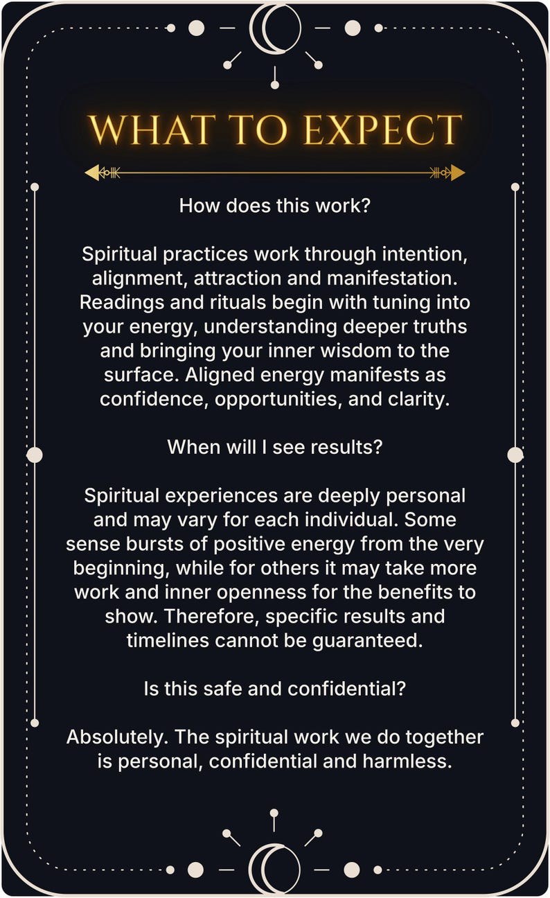 Puede incluir: Una tarjeta informativa rectangular negra con texto blanco y detalles dorados. El encabezado dice WHAT TO EXPECT, seguido de secciones tituladas How does this work?, When will I see results?, e Is this safe and confidential? con texto explicativo.