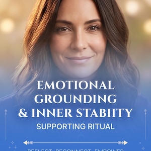 Può includere: Un ritratto di una persona con capelli castani, sovrapposto al testo: EMOTIONAL GROUNDING & INNER STABIIITY SUPPORTING RITUAL. Sotto, il testo recita: REFLECT. RECONNECT. EMPOWER. Il design include un'icona di luna e sole.