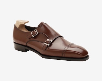 Handcrafted Brown Double Monk Strap Leather Shoes
