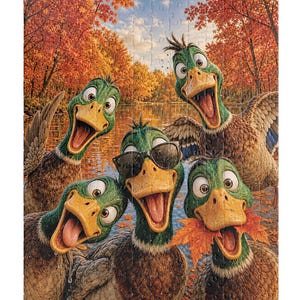 May include: A jigsaw puzzle depicting four cartoon mallard ducks with expressive faces in an autumn forest setting. One duck wears black sunglasses, another holds an orange maple leaf in its beak, and all have open beaks.