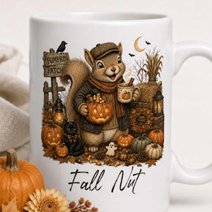 May include: A white ceramic mug featuring a graphic of a squirrel wearing a cap and scarf, holding a pumpkin and a mug. The scene includes a black cat, pumpkins, a sign reading PUMPKIN PATCH, and the text Fall Nut in black script at the bottom.