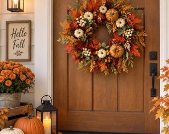 Autumn Door Wreath, Pumpkin Front Door Wreath, Fall Harvest Door Decor, Thanksgiving Home Decoration, Farmhouse-Style Holiday Wreath