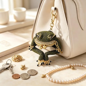 Beaded Frog Coin Purse, Lucky Kiss Lock Pouch, Seed Bead Animal Bag Charm, Back to School Gift, Unique Halloween Gift